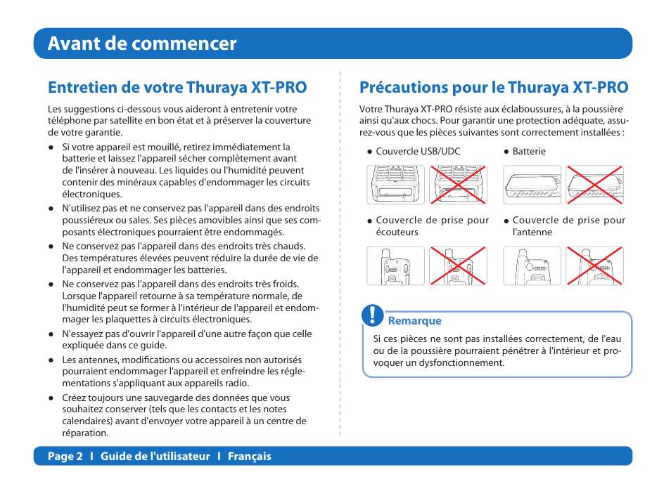 Avant de commencer, Entretien de votre thuraya xt-pro, Précautions pour le thuraya xt-pro | Thuraya XT-PRO User Manual | Page 89 / 206