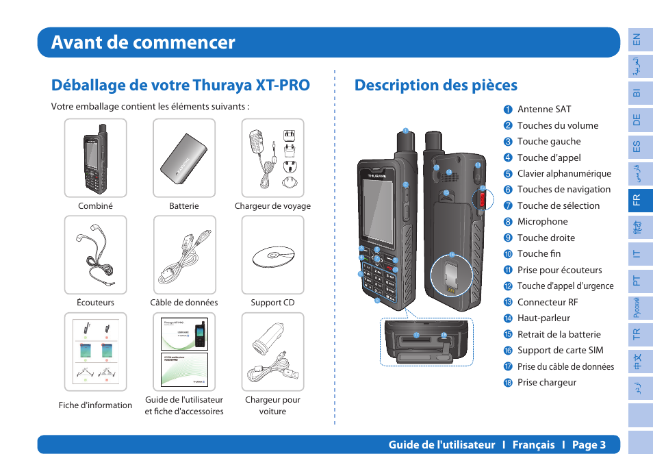 Avant de commencer, Déballage de votre thuraya xt-pro, Description des pièces | Thuraya XT-PRO User Manual | Page 90 / 206