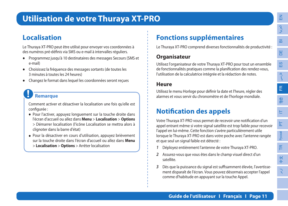 Utilisation de votre thuraya xt-pro, Localisation, Fonctions supplémentaires | Notification des appels, Organisateur, Heure | Thuraya XT-PRO User Manual | Page 98 / 206