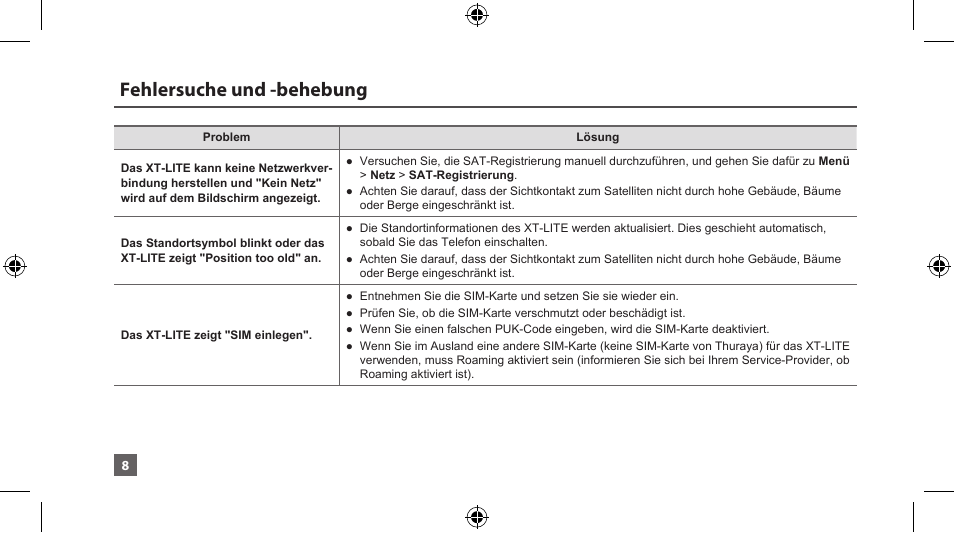 Fehlersuche und -behebung | Thuraya XT-LITE User Manual | Page 31 / 139