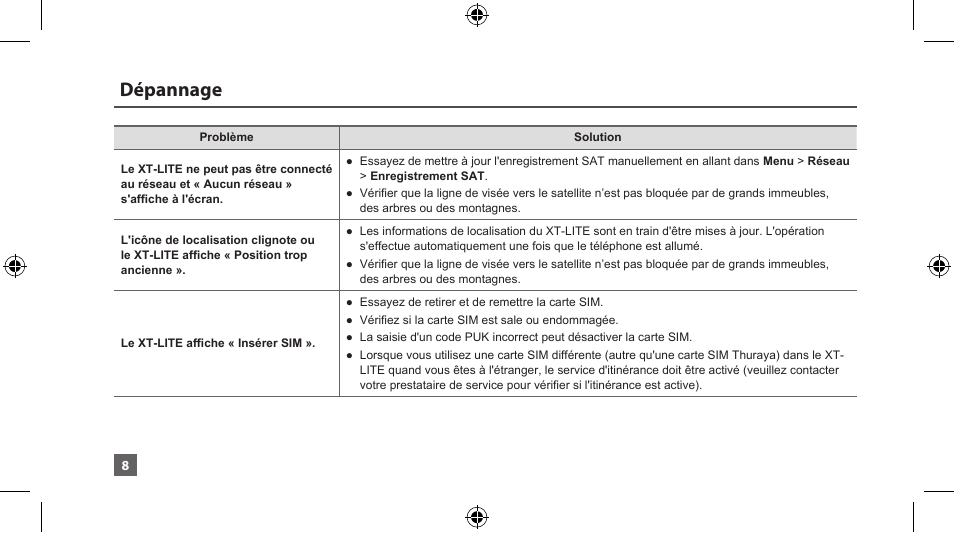 Dépannage | Thuraya XT-LITE User Manual | Page 61 / 139