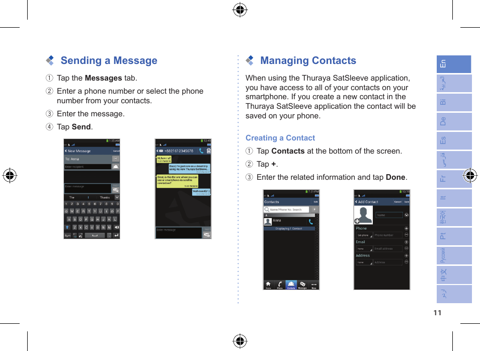 Sending a message, Managing contacts | Thuraya SatSleeve for Android User Manual | Page 11 / 18