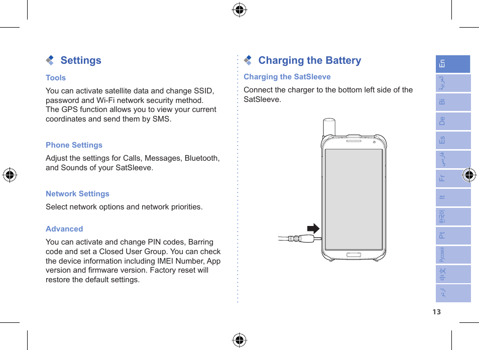 Settings, Charging the battery | Thuraya SatSleeve for Android User Manual | Page 13 / 18
