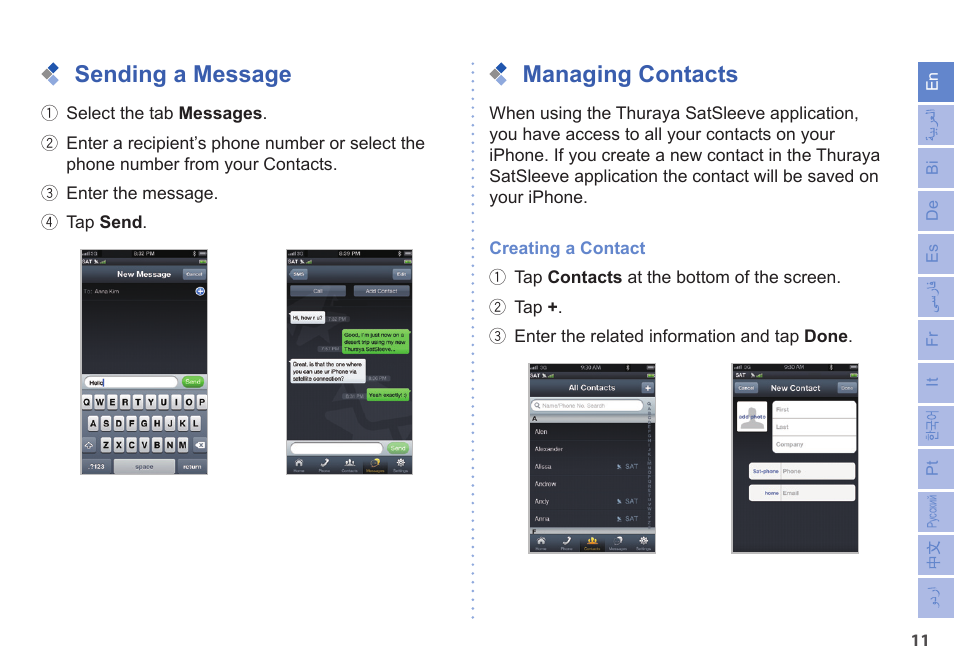 Sending a message, Managing contacts | Thuraya SatSleeve for iPhone User Manual | Page 11 / 18