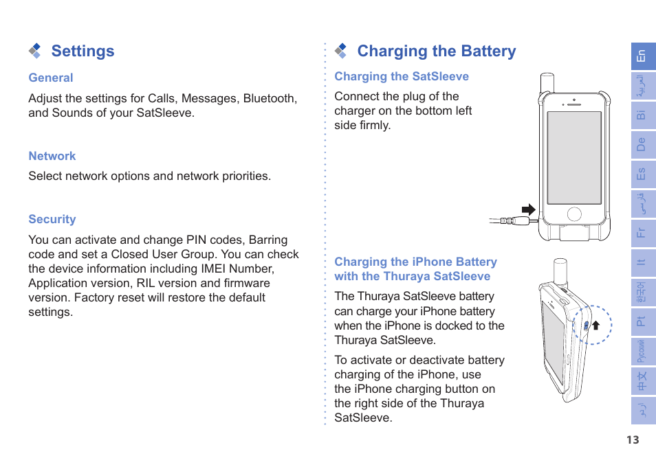 Settings, Charging the battery | Thuraya SatSleeve for iPhone User Manual | Page 13 / 18