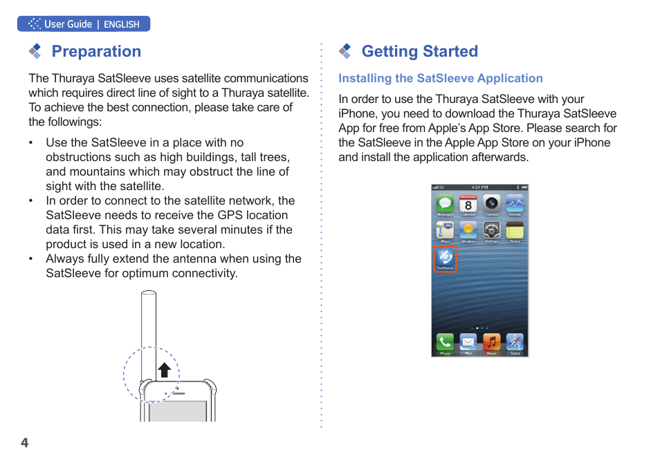 Preparation, Getting started | Thuraya SatSleeve for iPhone User Manual | Page 4 / 18