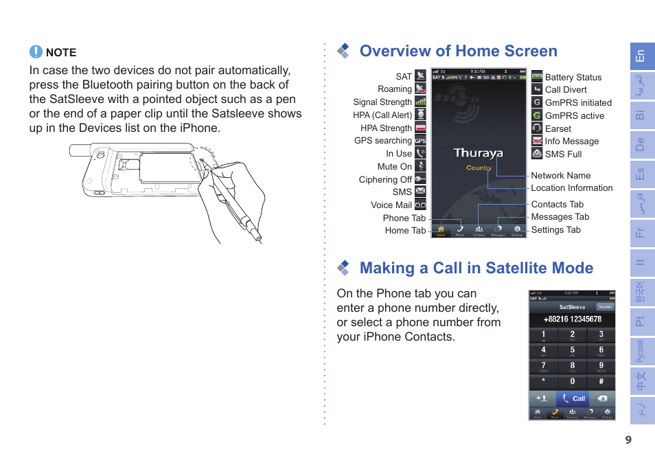 Overview of home screen, Making a call in satellite mode | Thuraya SatSleeve for iPhone User Manual | Page 9 / 18