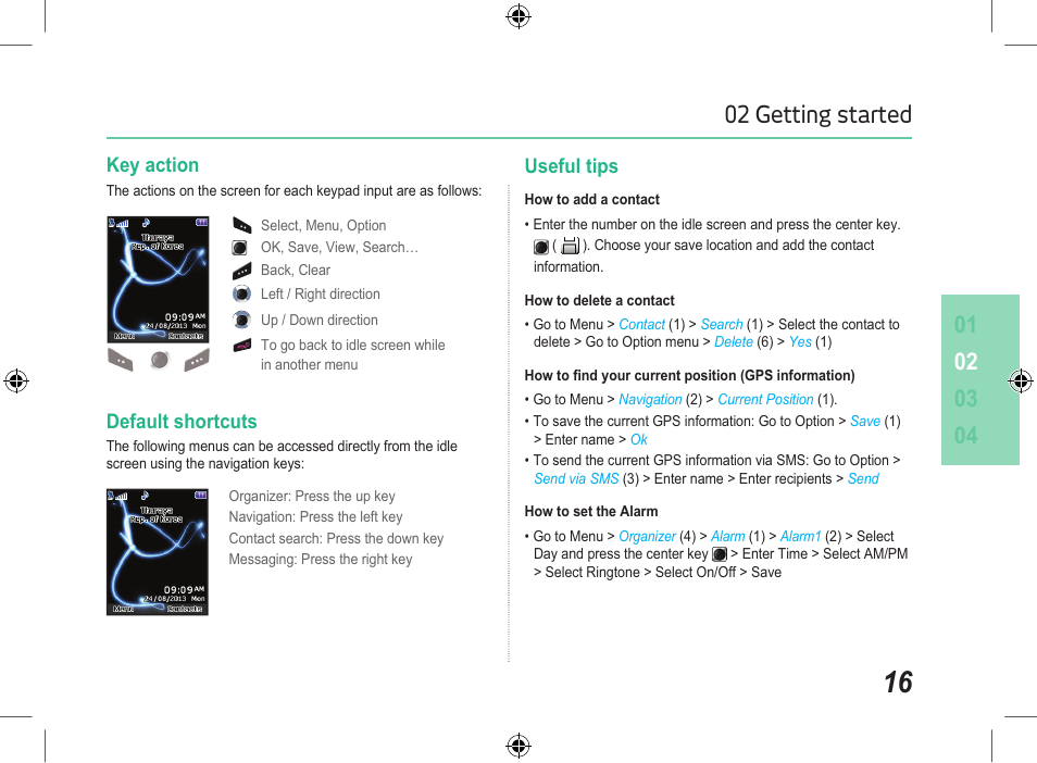 02 getting started, Key action, Default shortcuts | Useful tips | Thuraya XT User Manual | Page 22 / 73