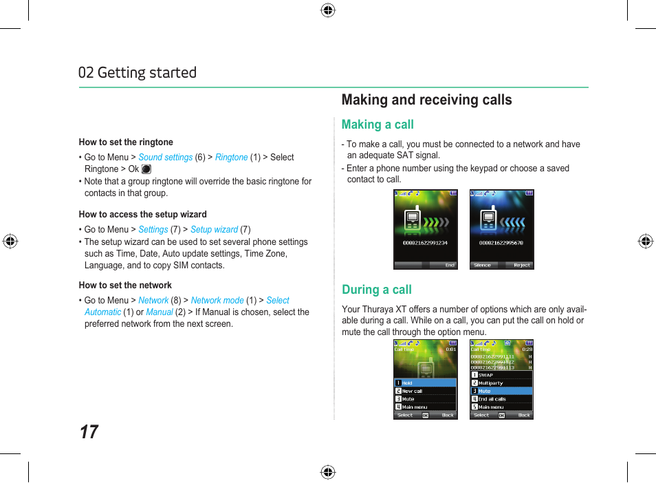 02 getting started, Making and receiving calls, Making a call | During a call | Thuraya XT User Manual | Page 23 / 73