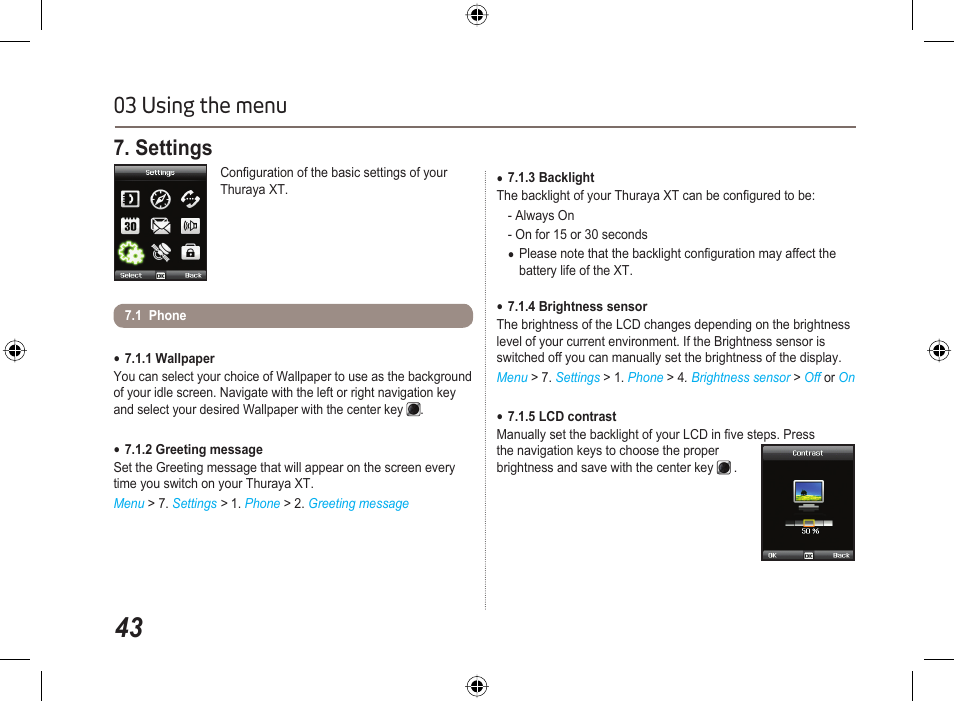 03 using the menu 7. settings | Thuraya XT User Manual | Page 49 / 73