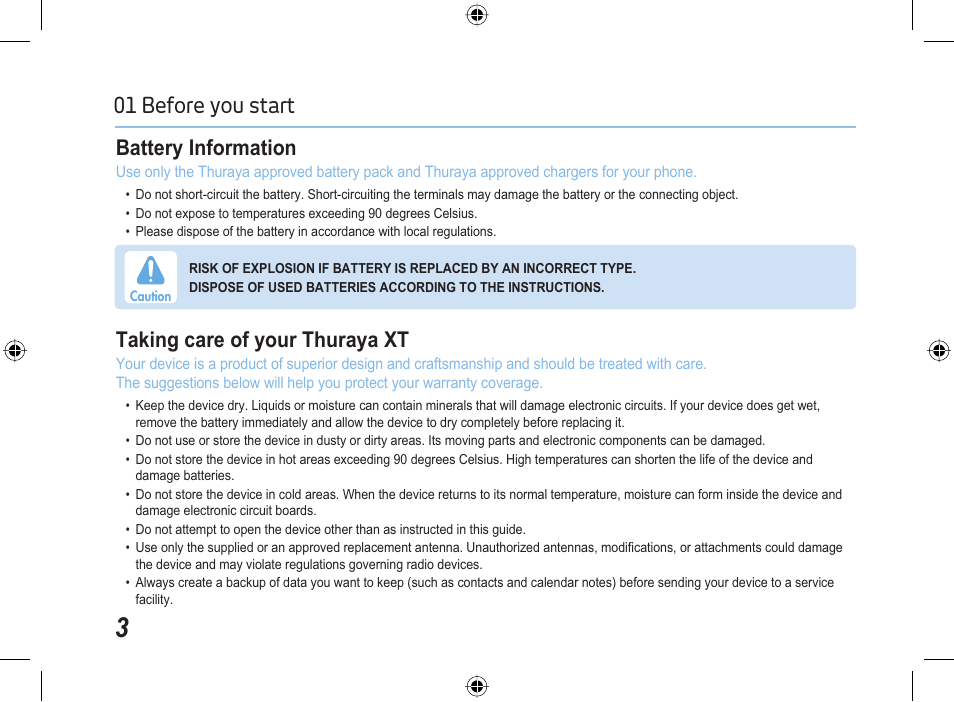 01 before you start battery information, Taking care of your thuraya xt | Thuraya XT User Manual | Page 9 / 73