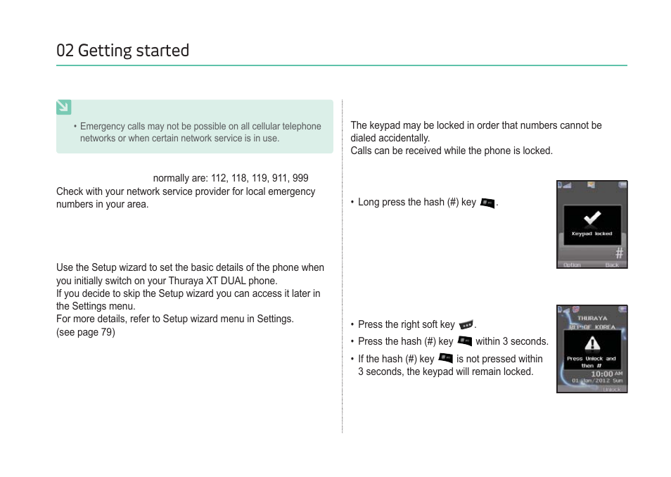 02 getting started, Setup wizard, Lock/unlock in idle screen | Thuraya XT-DUAL User Manual | Page 21 / 104