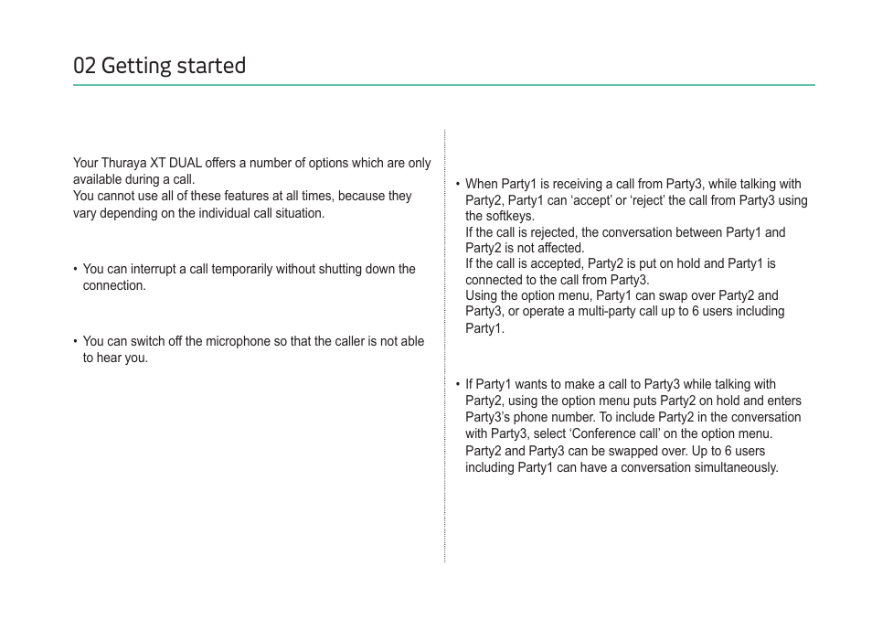 02 getting started, Options during a call, Conference calls | Thuraya XT-DUAL User Manual | Page 25 / 104