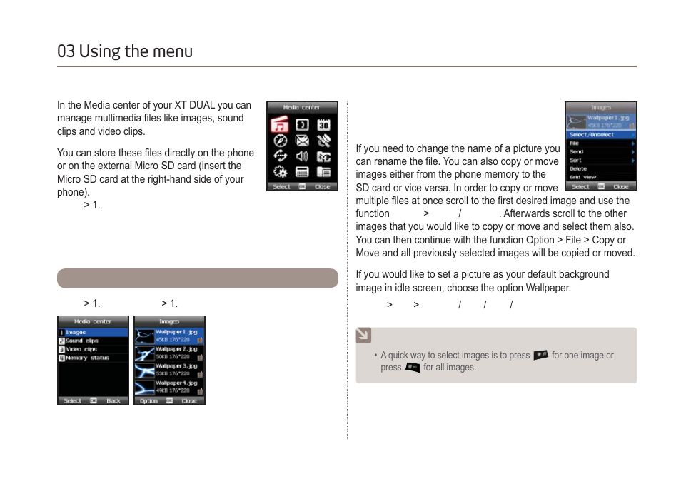 03 using the menu, Media center | Thuraya XT-DUAL User Manual | Page 31 / 104