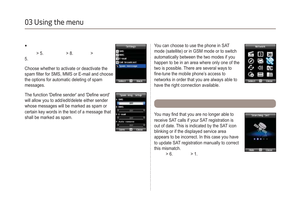 03 using the menu, Network | Thuraya XT-DUAL User Manual | Page 59 / 104