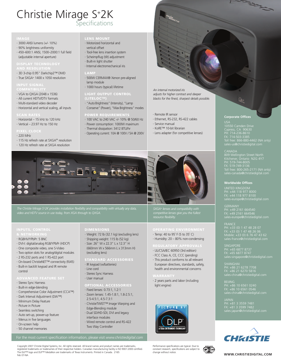 Christie mirage s, Specifications | Christie Digital Systems Mirage S+2K User Manual | Page 2 / 2