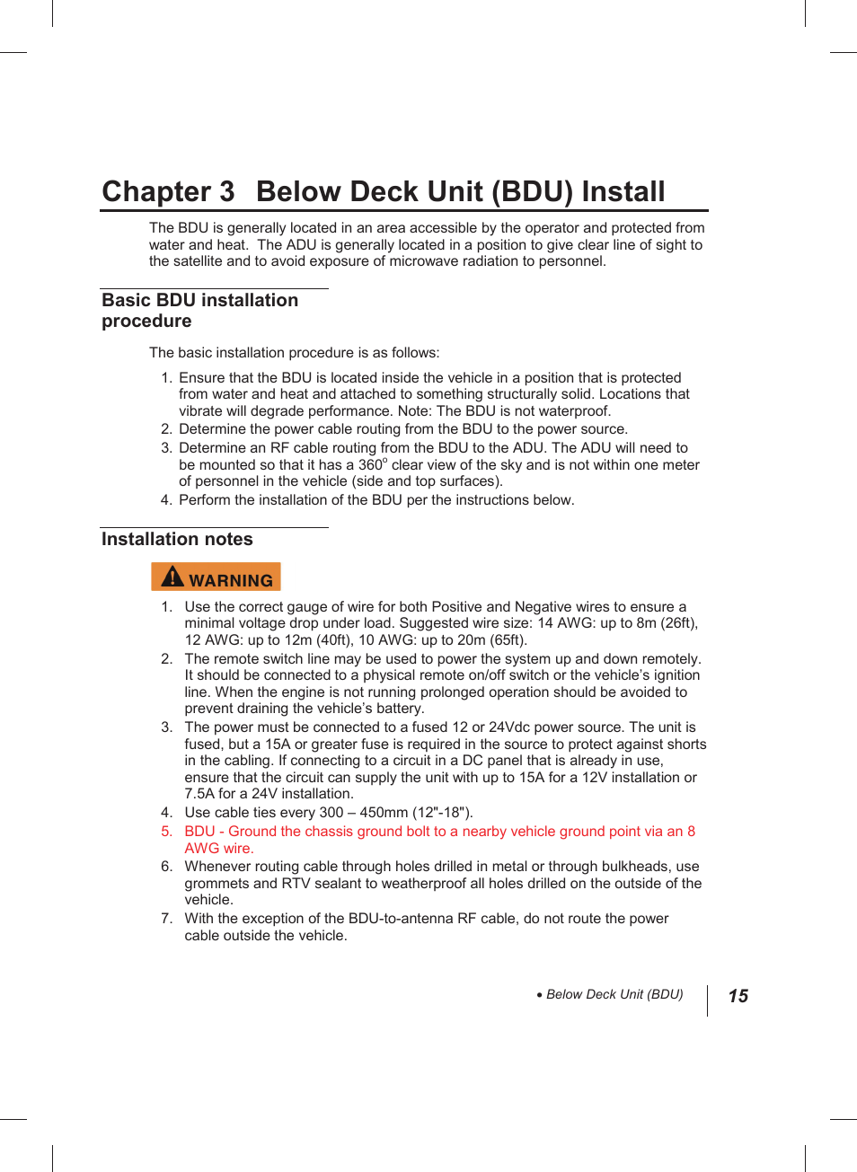 Chapter 3 below deck unit (bdu) install | Thuraya IP Voyager User Manual | Page 15 / 24