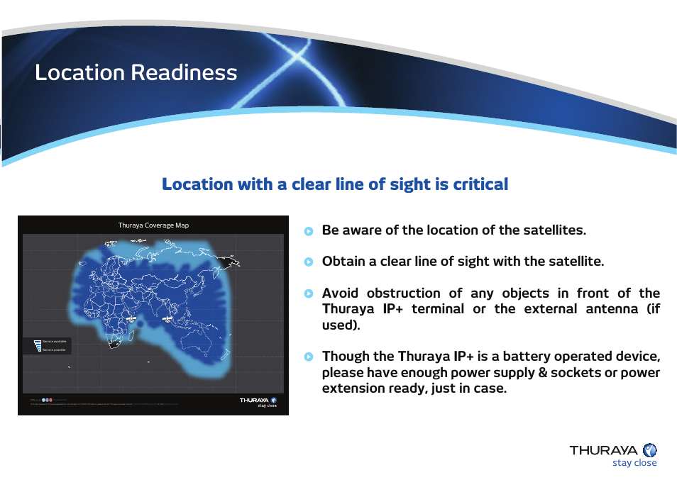 Location readiness, Thuraya ip+ readiness, Location with a clear line of sight is critical | Thuraya IP User Manual | Page 4 / 16