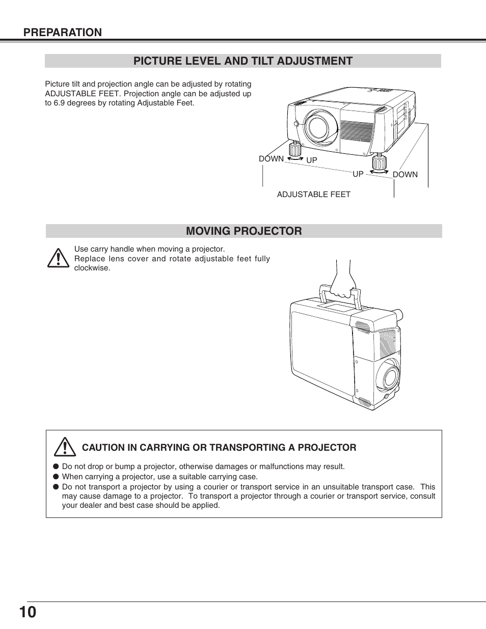 Preparation, Picture level and tilt adjustment moving projector | Christie Digital Systems 38-VIV302-01 User Manual | Page 10 / 52