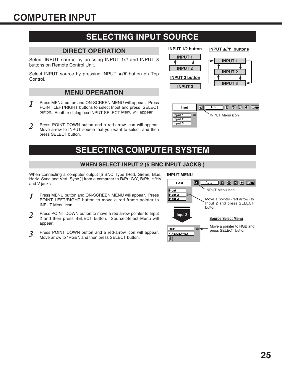 25 computer input, Selecting computer system selecting input source | Christie Digital Systems 38-VIV302-01 User Manual | Page 25 / 52