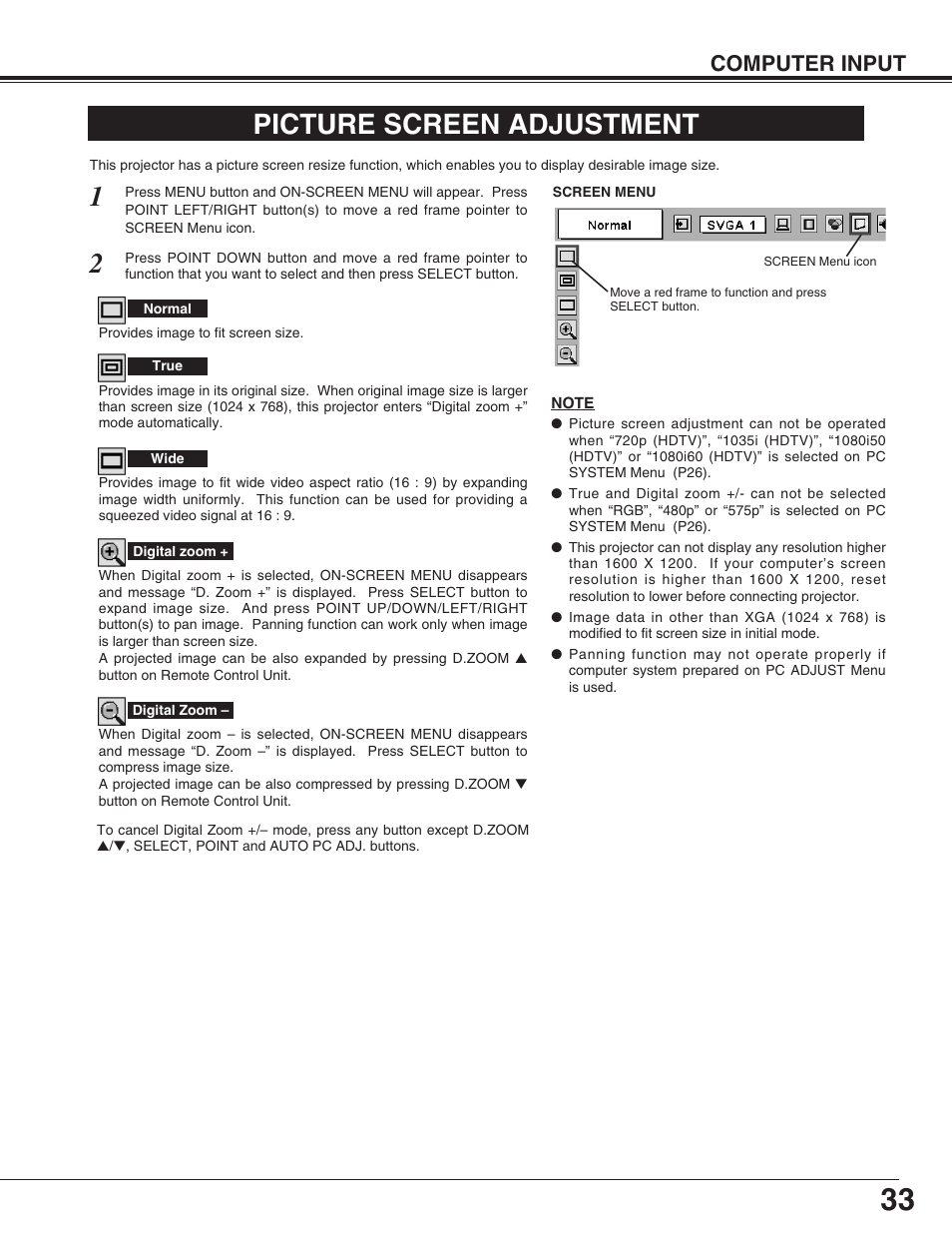 Picture screen adjustment, Computer input | Christie Digital Systems 38-VIV302-01 User Manual | Page 33 / 52