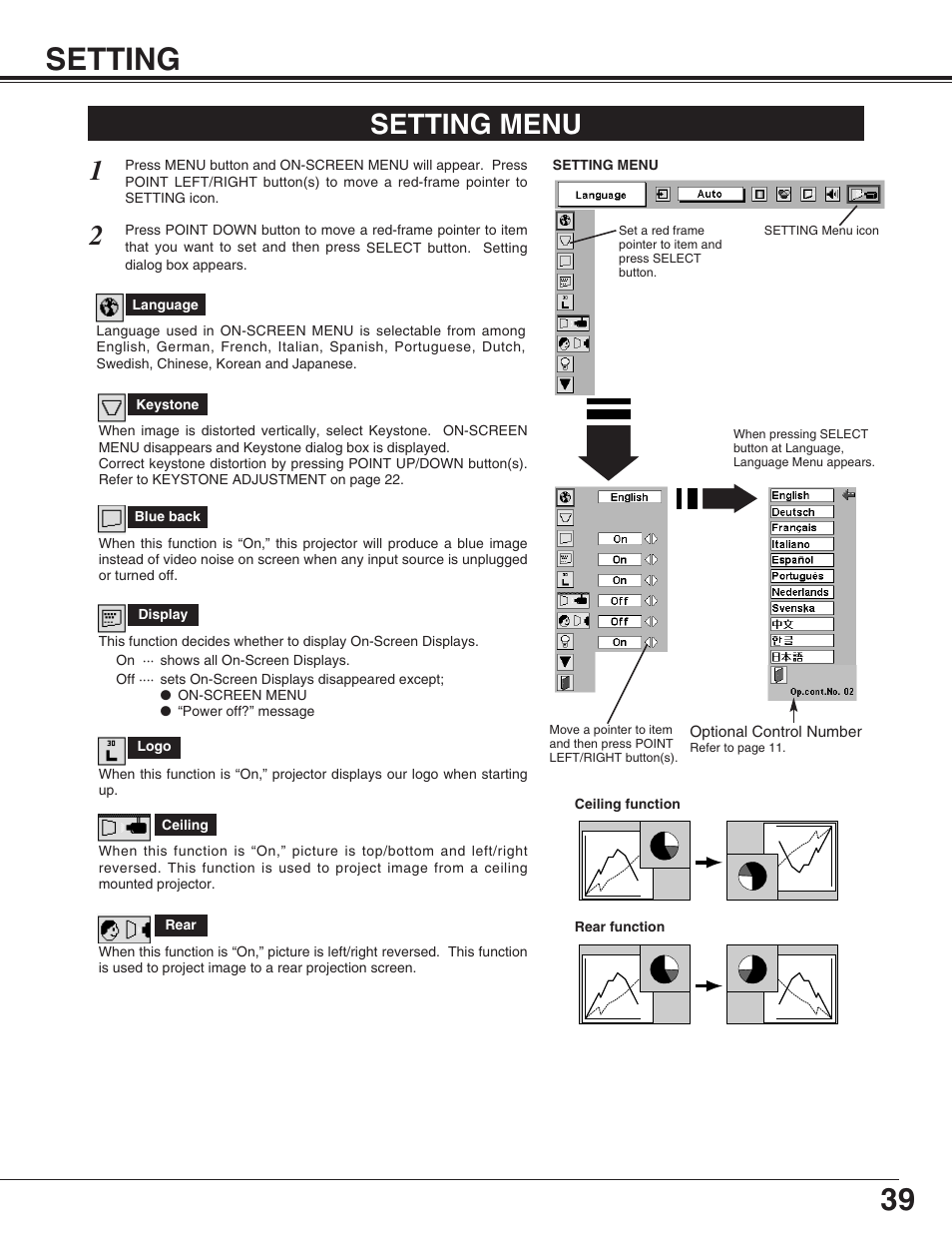 39 setting, Setting menu | Christie Digital Systems 38-VIV302-01 User Manual | Page 39 / 52