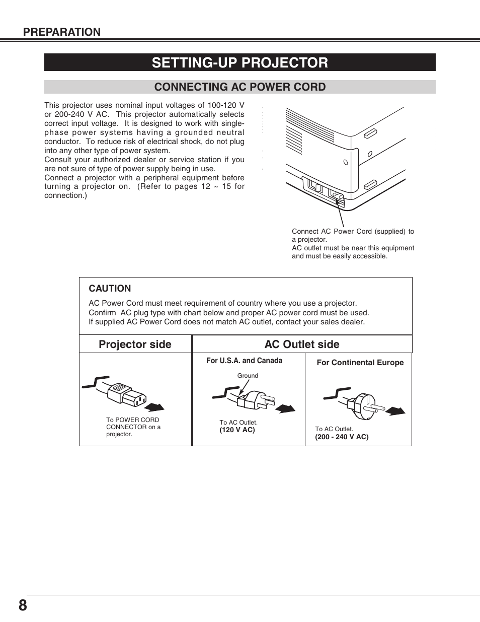 Setting-up projector, Preparation, Connecting ac power cord | Projector side ac outlet side | Christie Digital Systems 38-VIV302-01 User Manual | Page 8 / 52