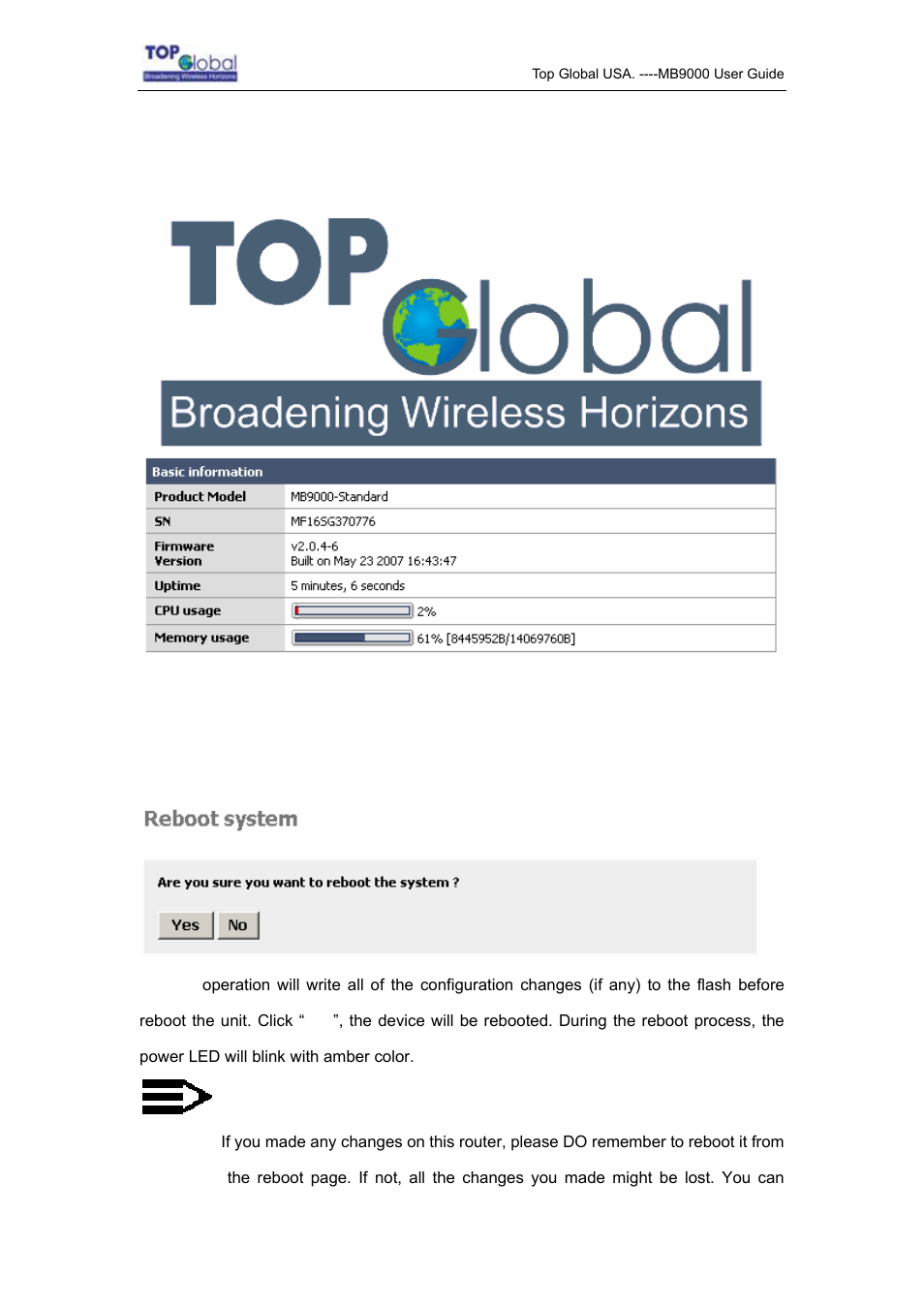 1 home, 2 reboot | Top Global MB9000 User Manual | Page 14 / 66