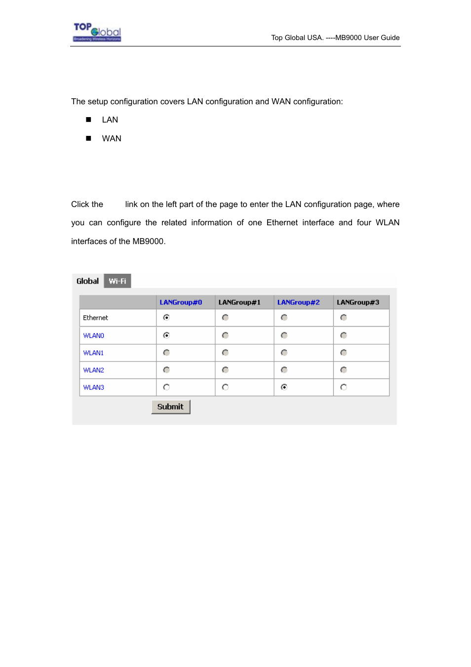 2 setup, 1 lan, Setup | Top Global MB9000 User Manual | Page 19 / 66