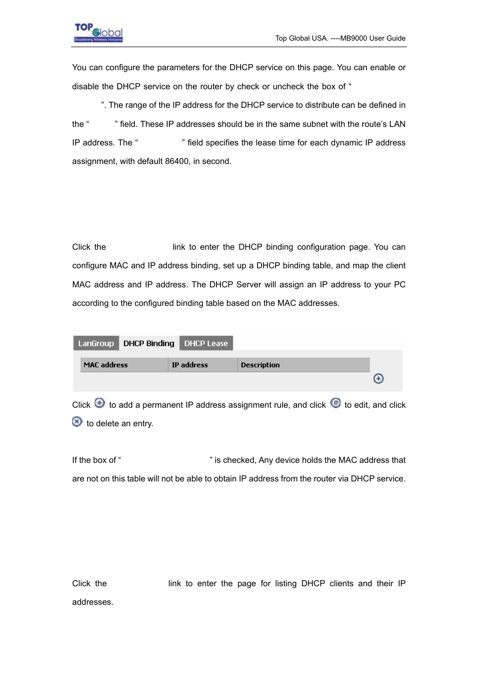 2 dhcp binding, 3 dhcp lease status | Top Global MB9000 User Manual | Page 21 / 66