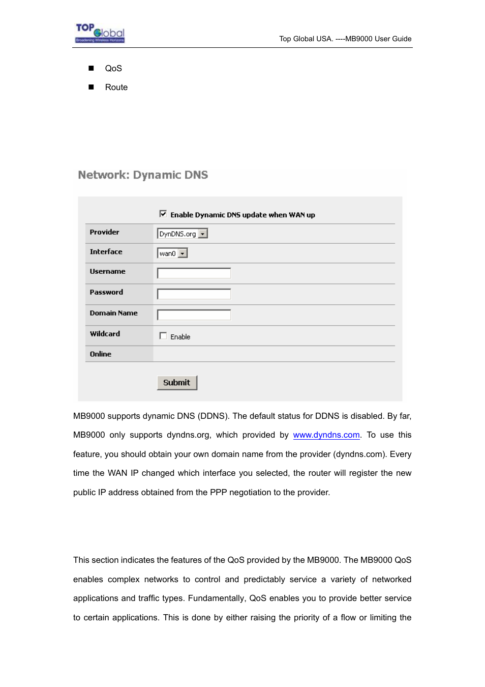 1 dynamic dns, 2 qos | Top Global MB9000 User Manual | Page 32 / 66