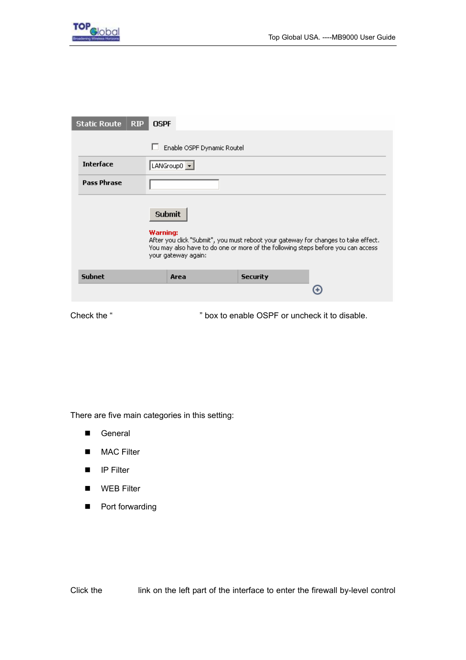 3 ospf, 4 firewall, 1 general | Firewall | Top Global MB9000 User Manual | Page 36 / 66