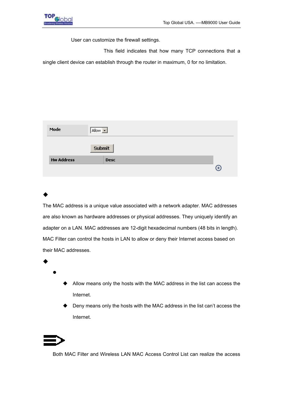 2 mac filter | Top Global MB9000 User Manual | Page 38 / 66