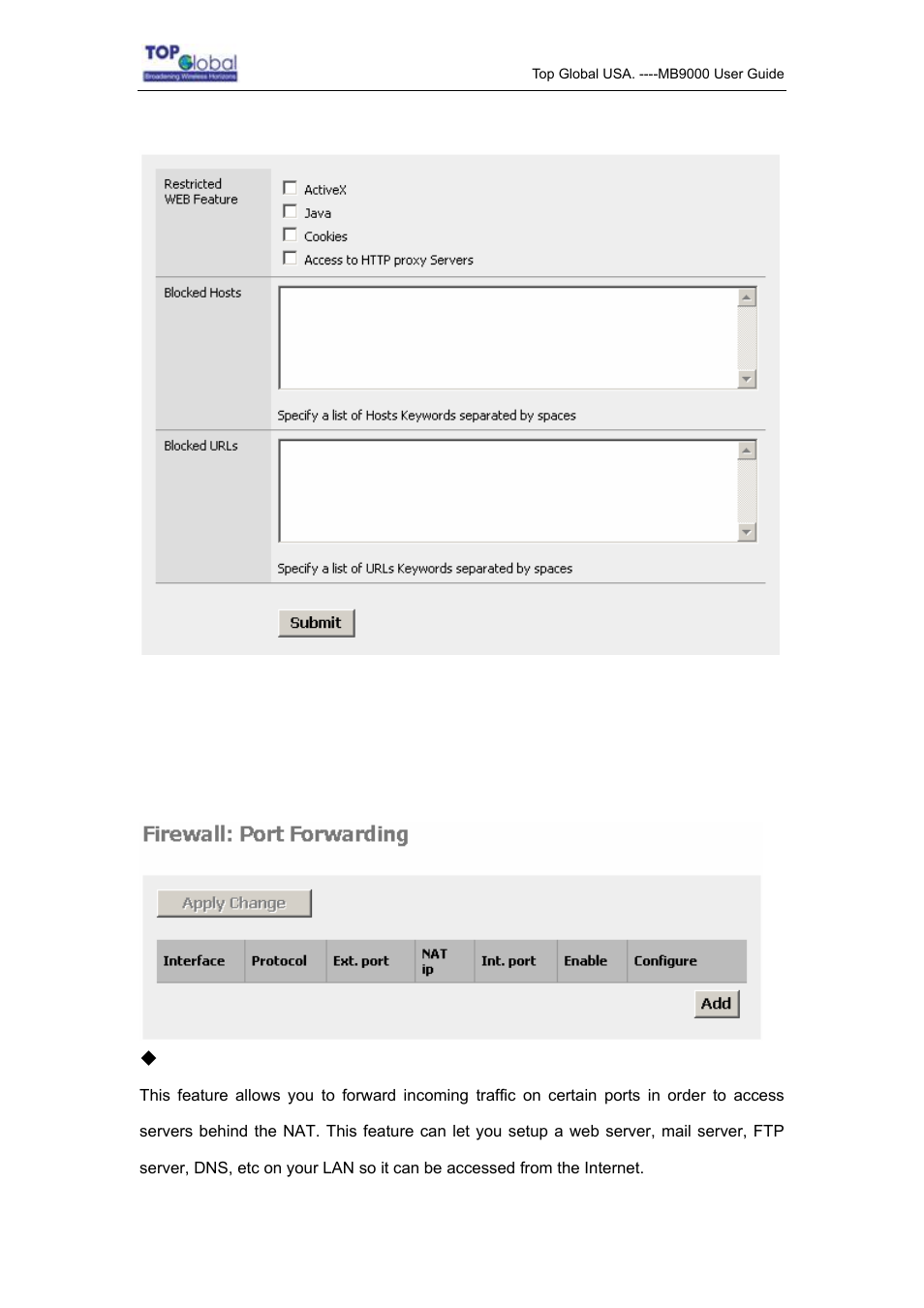 5 port forwarding | Top Global MB9000 User Manual | Page 42 / 66