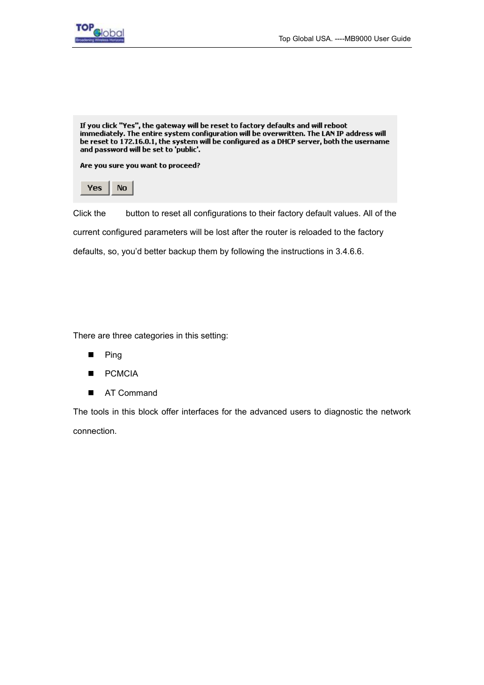 7 factory defaults, 7 diagnostics, Diagnostics | Top Global MB9000 User Manual | Page 55 / 66