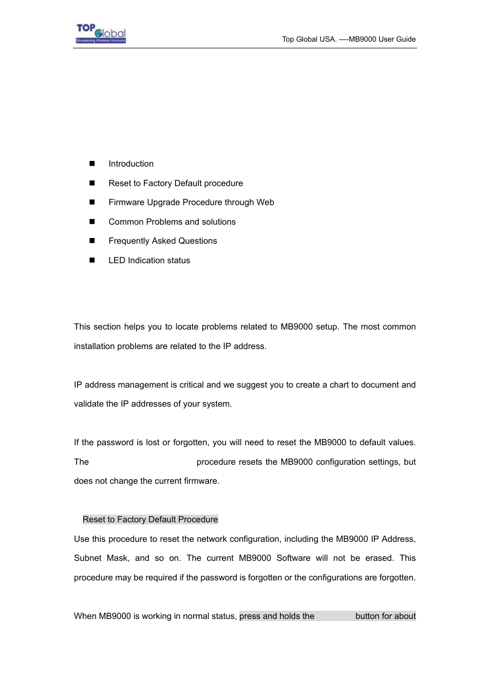 4 troubleshooting, 1 overview, 2 introduction | Troubleshooting, Verview, Ntroduction | Top Global MB9000 User Manual | Page 58 / 66