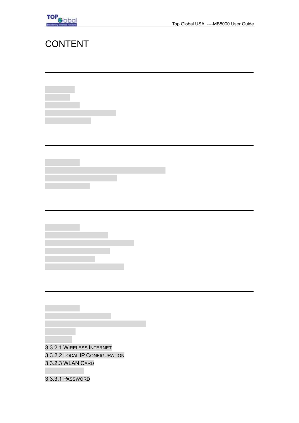 Content, Foreword, Introduction | Installing the mb8000, Management | Top Global MB8000 User Manual | Page 2 / 59
