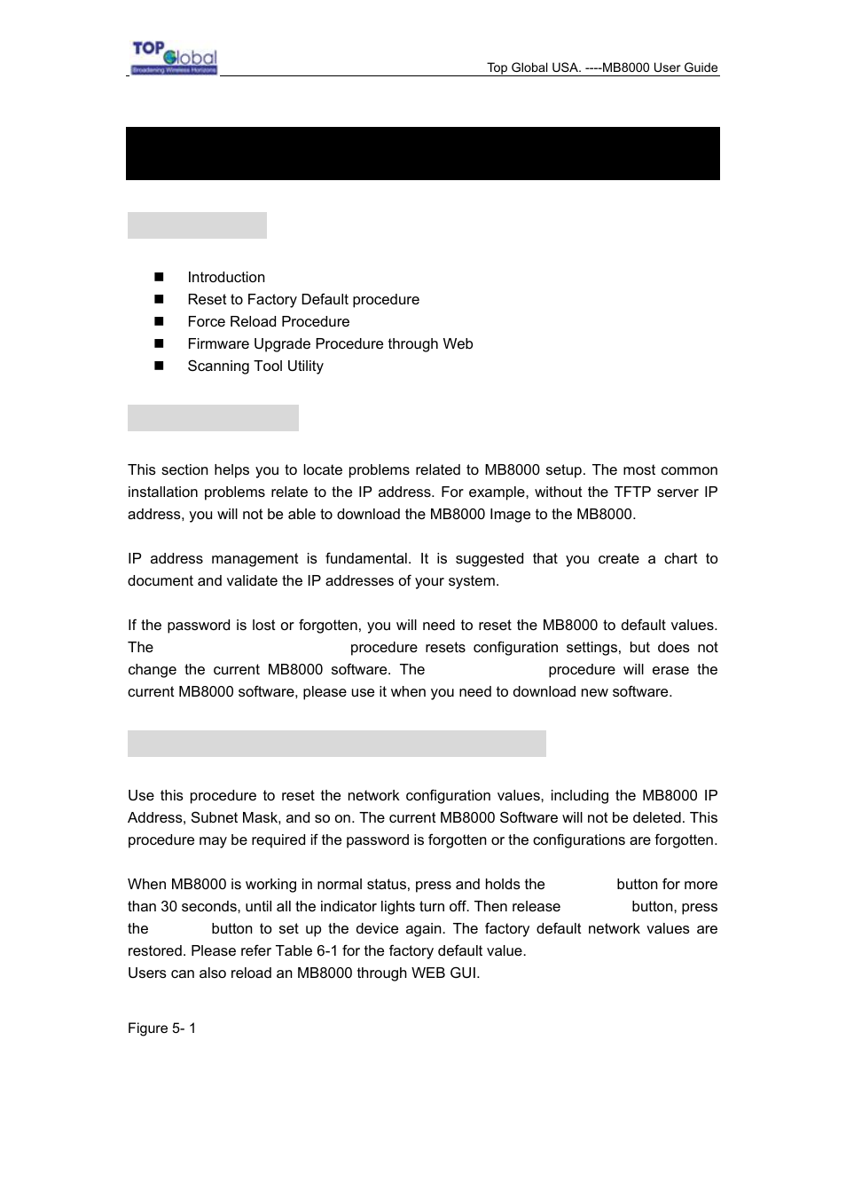 Troubleshooting, 1 overview, 2 introduction | 3 reset to factory default procedure | Top Global MB8000 User Manual | Page 52 / 59