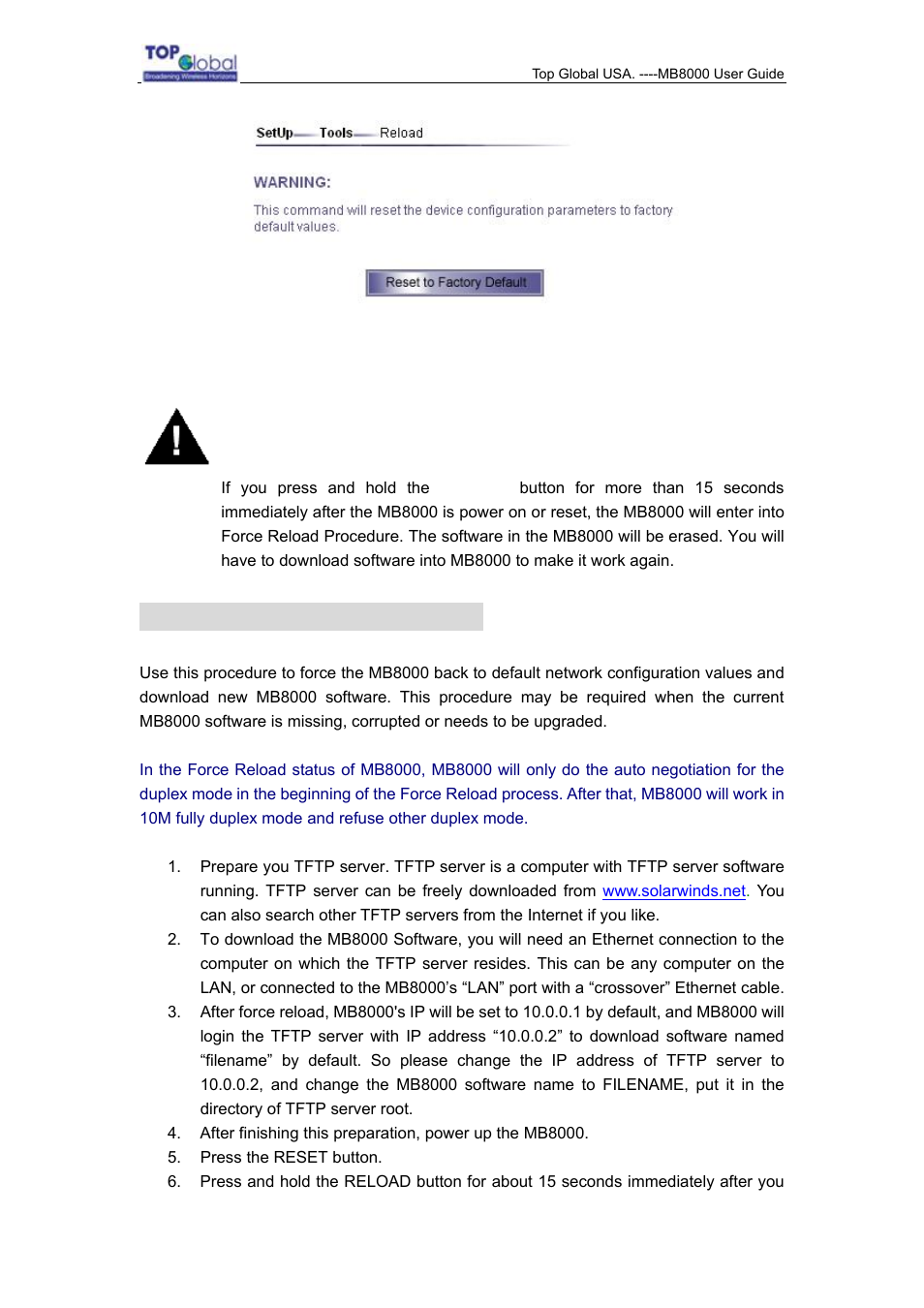 4 forced reload procedure | Top Global MB8000 User Manual | Page 53 / 59