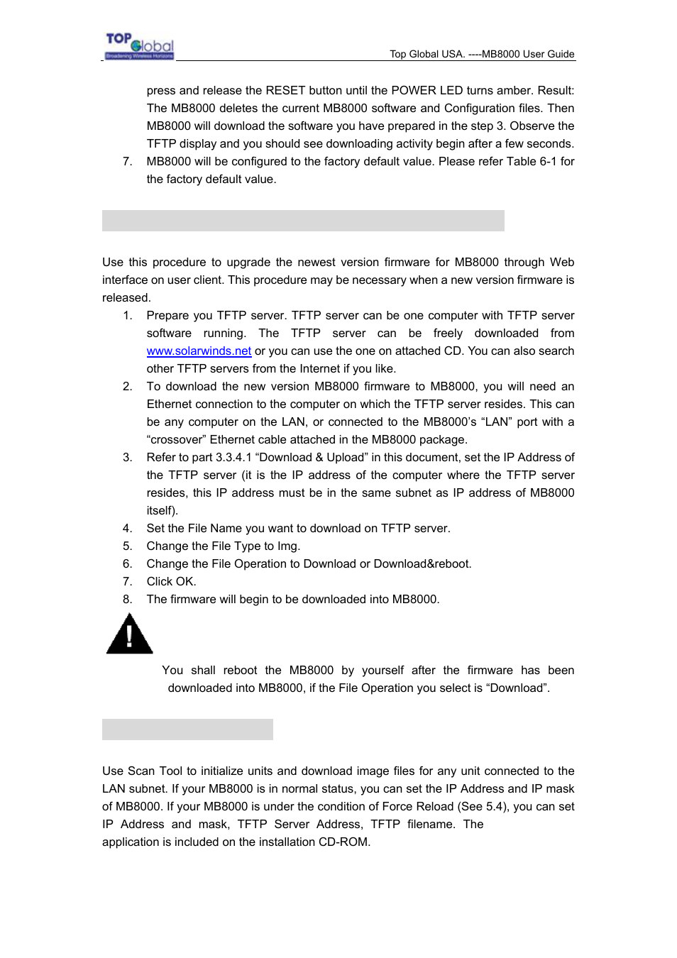 5 firmware upgrade procedure through web, 6 scan tool utility | Top Global MB8000 User Manual | Page 54 / 59