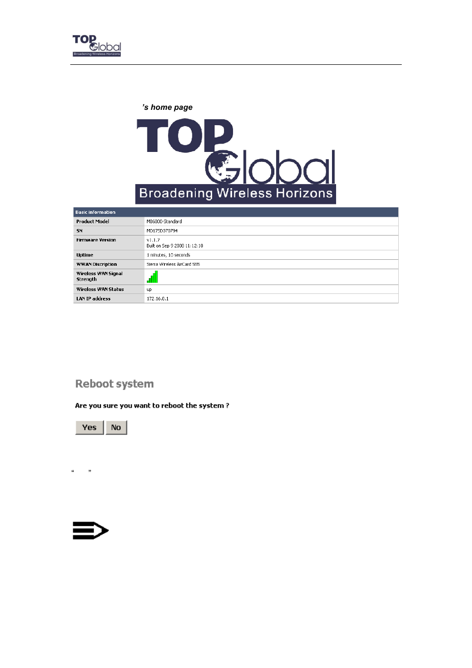 1 home, 2 reboot | Top Global MB6800 User Manual | Page 16 / 80