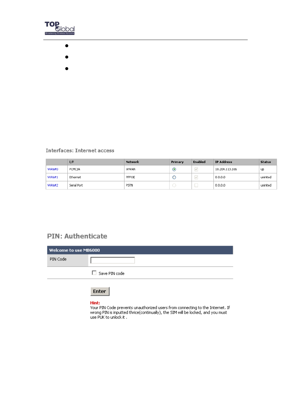 2 internet access, 1 wan#0: the cellular wireless internet connection | Top Global MB6800 User Manual | Page 26 / 80