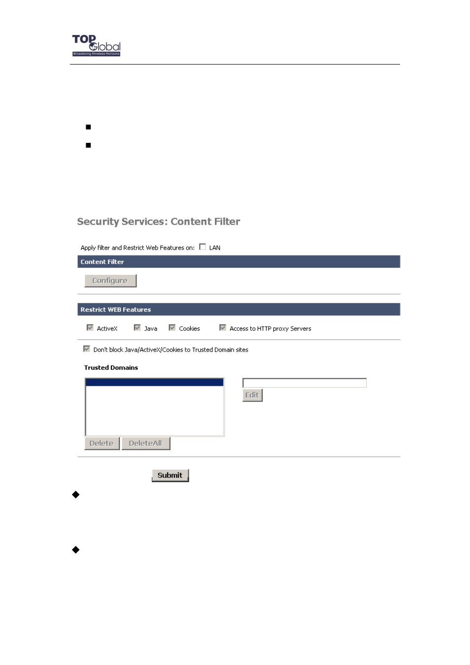 Security services, 5 security services, 1 content filter | Top Global MB6800 User Manual | Page 58 / 80