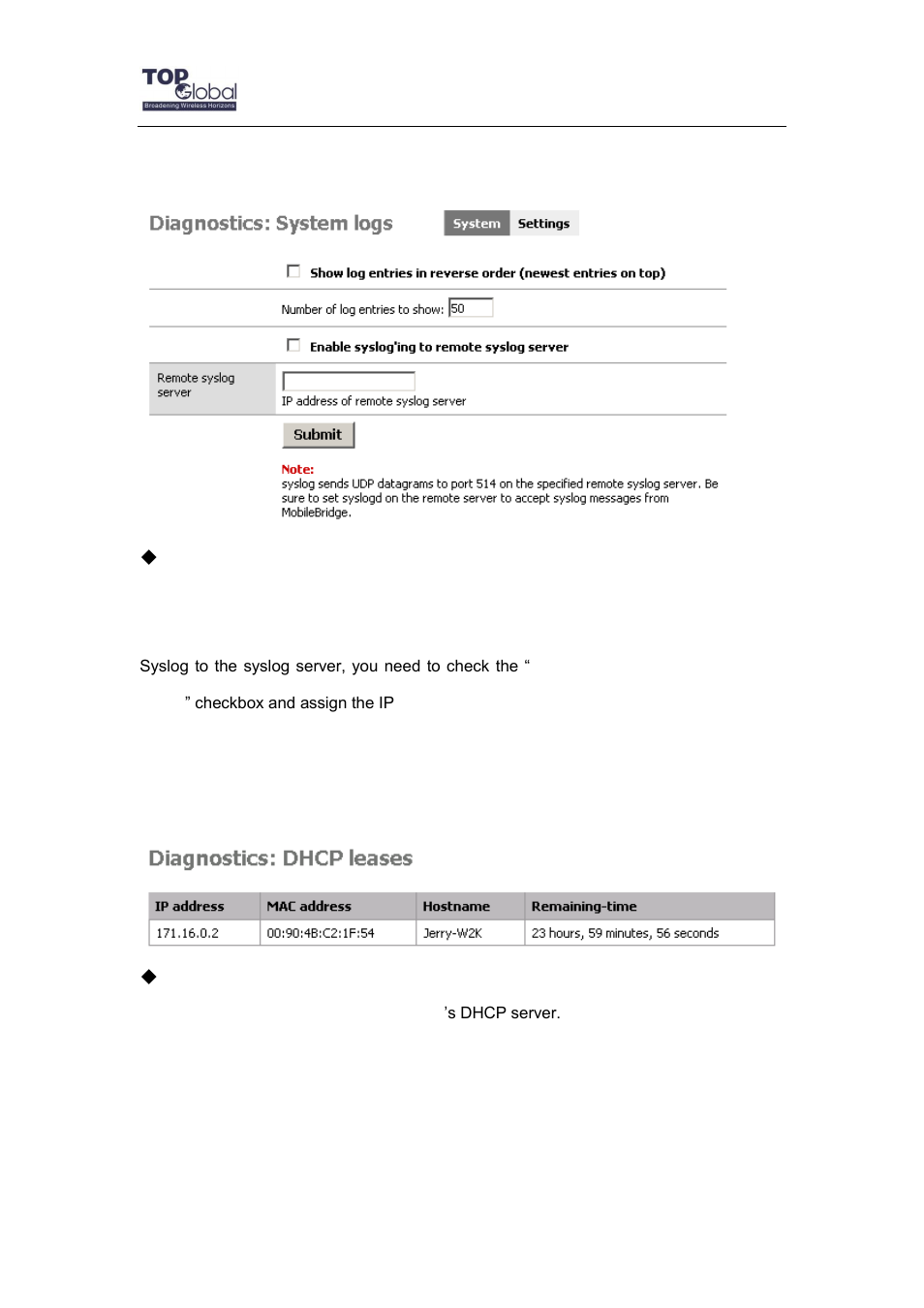 2 settings, 2 dhcp leases | Top Global MB6800 User Manual | Page 68 / 80