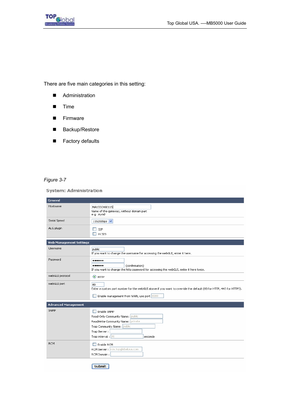 1 system, 1 administration, Onfiguration | Ages, Escription, System, 4 configuration pages description 3.4.1 system | Top Global MB5000K User Manual | Page 20 / 78