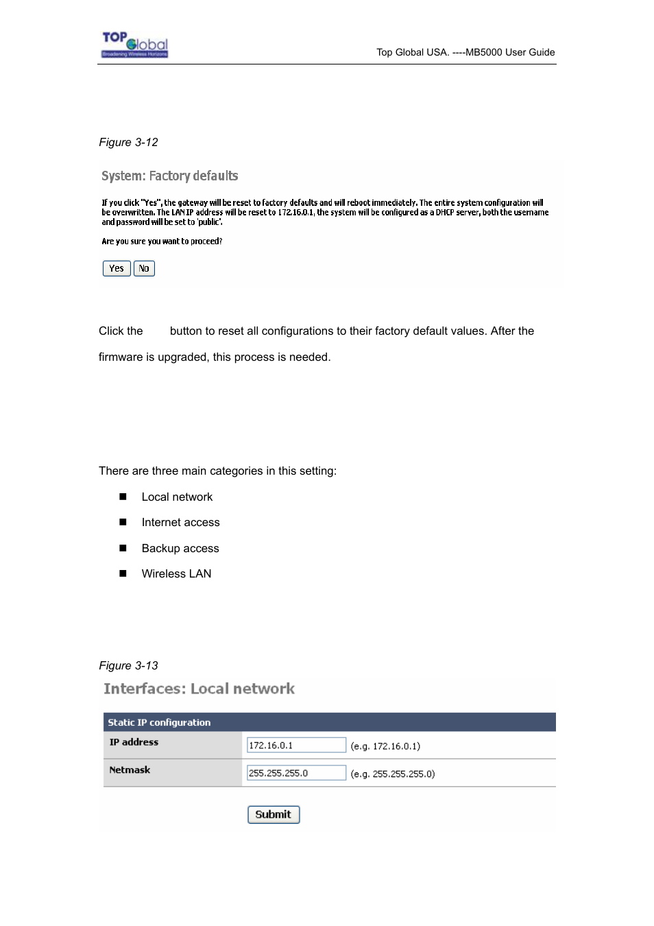 5 factory defaults, 2 interfaces, 1 local network | Interfaces | Top Global MB5000K User Manual | Page 26 / 78