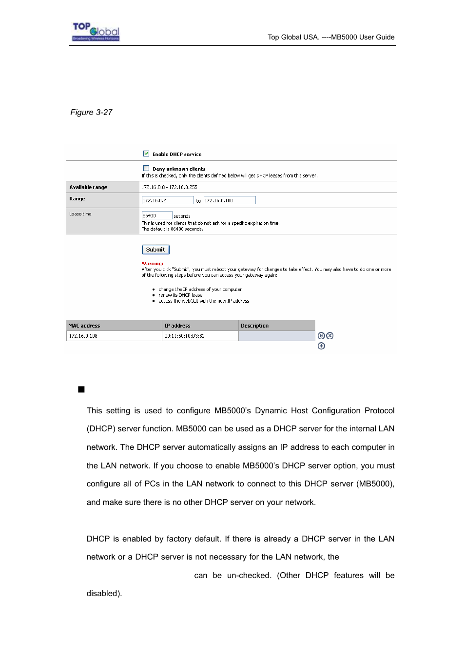 2 dhcp, Dhcp configuration | Top Global MB5000K User Manual | Page 43 / 78