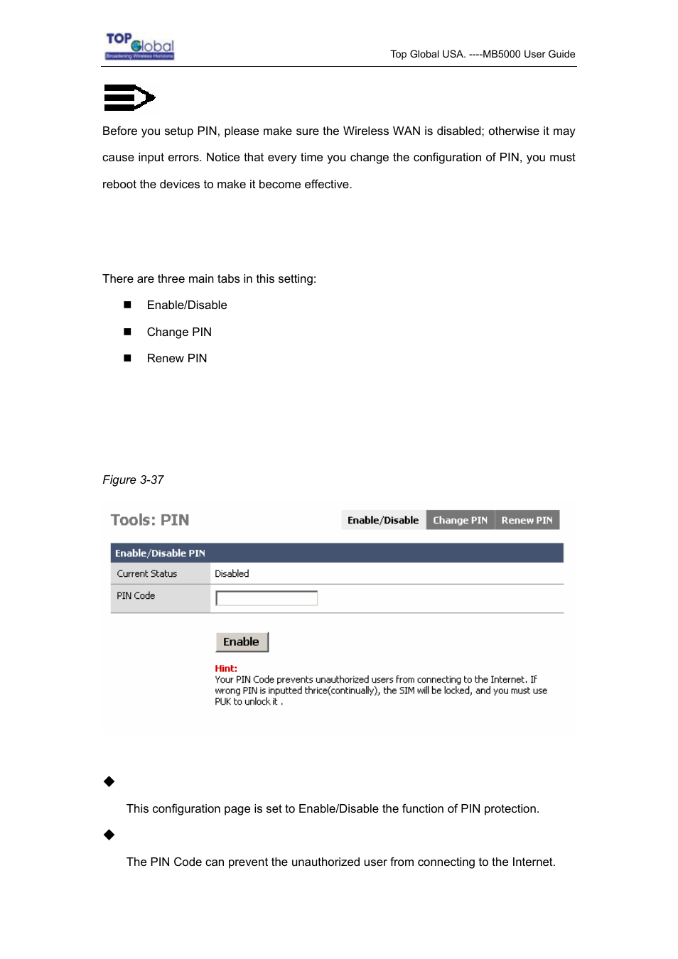 1 pin, 1 enable/disable | Top Global MB5000K User Manual | Page 55 / 78