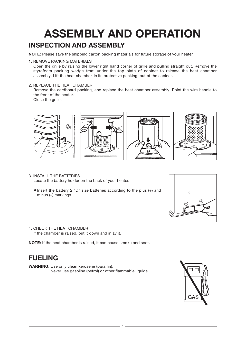 Assembly and operation, Inspection and assembly, Fueling | Toyotomi RCA-2800 User Manual | Page 5 / 16