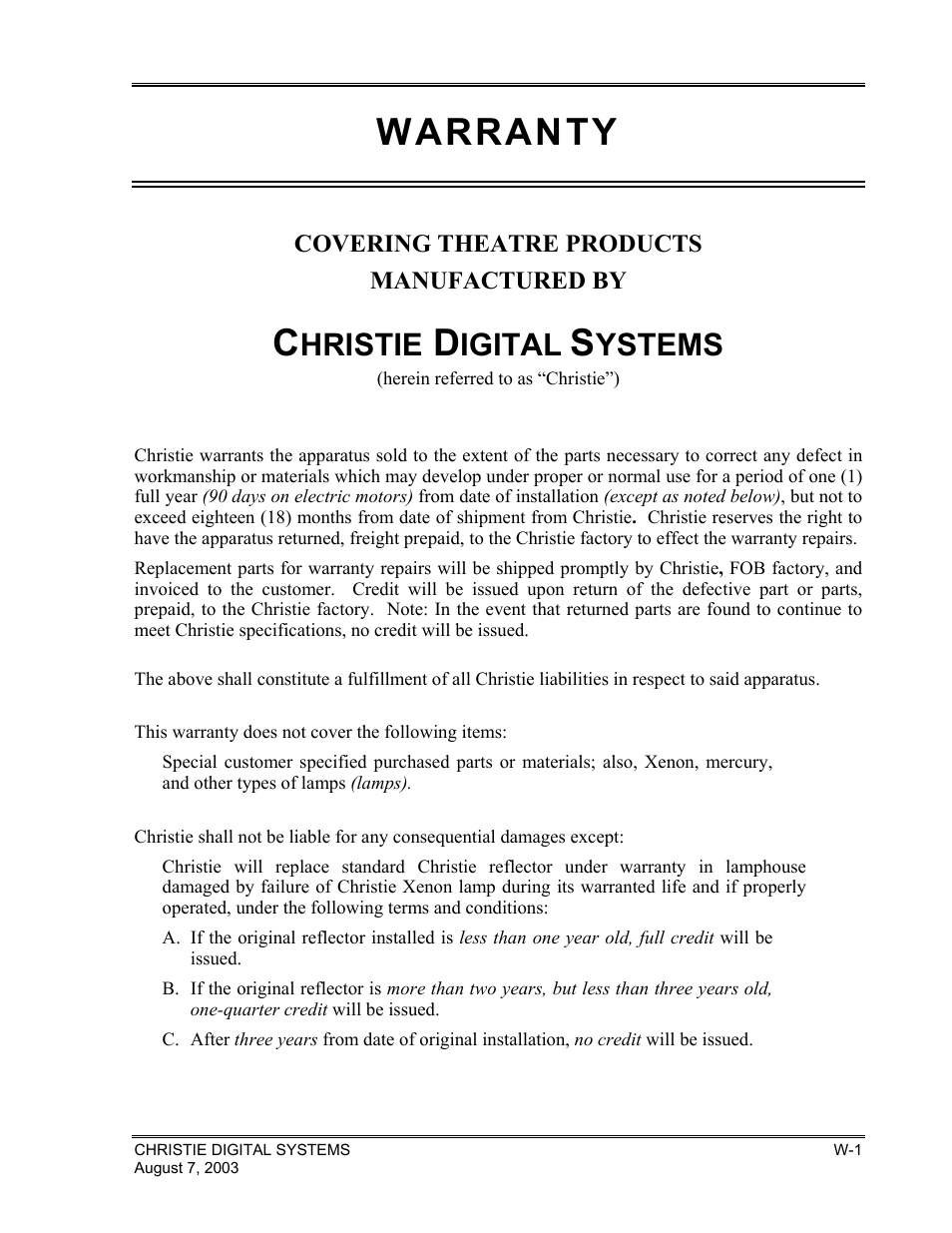 Warranty, Hristie, Igital | Ystems | Christie Digital Systems XENON CONSOLE User Manual | Page 39 / 63